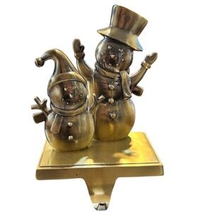Vintage Bronze Tone Snowman Stocking Holder Set Christmas Mantel Decor
